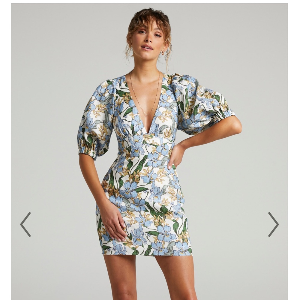 AMALIE THE LABEL  Linen Puff Sleeve Open Back Bodycon Mini Dress